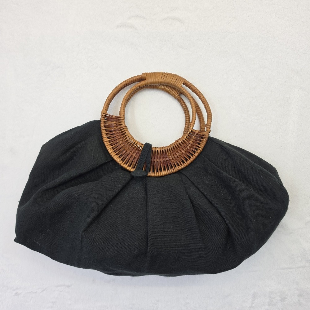Vintage Black Slouchy Handbag Woven Rattan Ring Handles Boho Oversized Purse